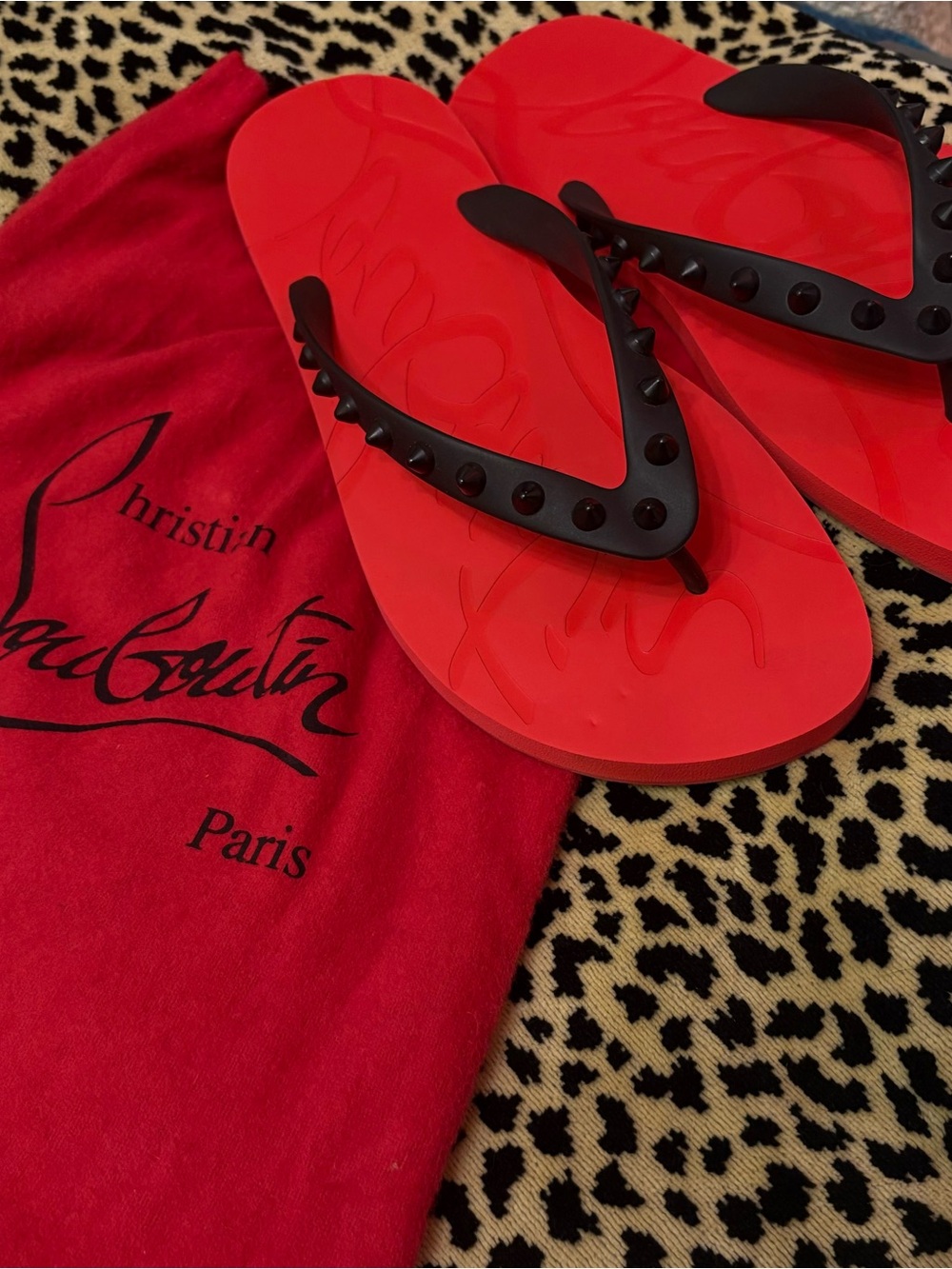 Christian Louboutin Red Flip Flops with Black Studded Straps NWT